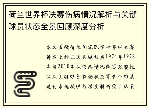 荷兰世界杯决赛伤病情况解析与关键球员状态全景回顾深度分析