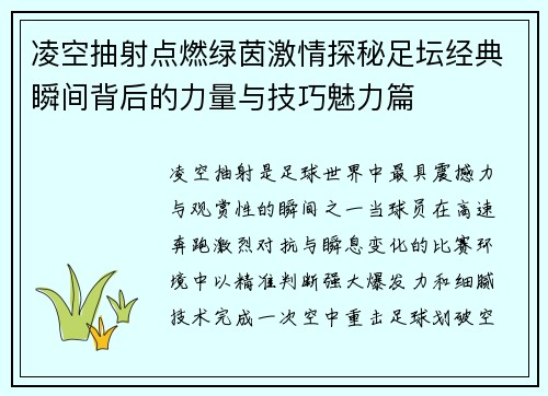 凌空抽射点燃绿茵激情探秘足坛经典瞬间背后的力量与技巧魅力篇 凌空抽射点燃绿茵激情探秘足坛经典瞬间背后的力量与技巧魅力篇